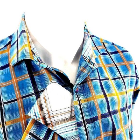 Thomas Dean Small Blue Yellow Windowpane Flip‎ Cuff Button Front Dress Shirt - Picture 2 of 9